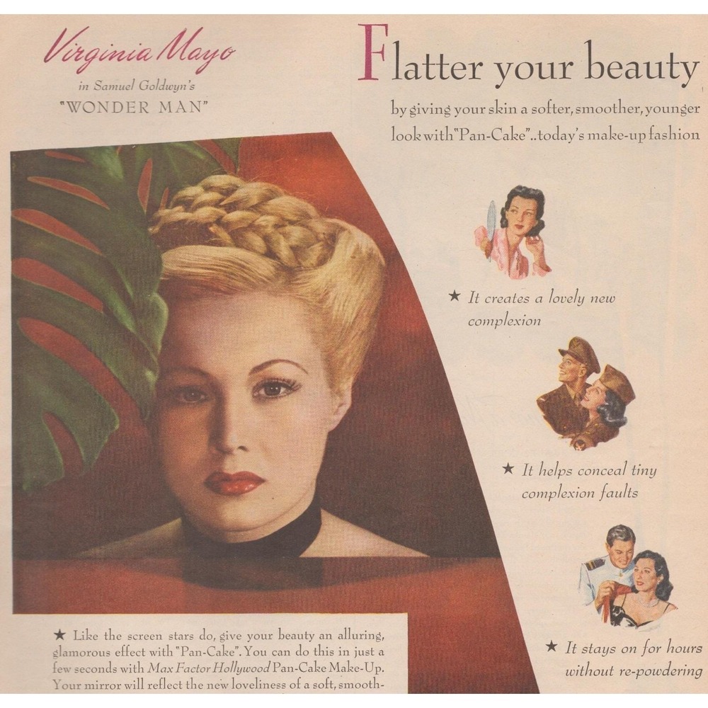 1945 Max Factor Vintage Print Ad Hollywood Make Up Virginia Mayo Cosmetic Beauty